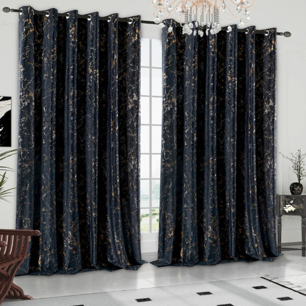 Glitzy Velvet Eyelet with Metallic Print Ring Top Window Curtains– Complete Set with 2 Curtain Panels