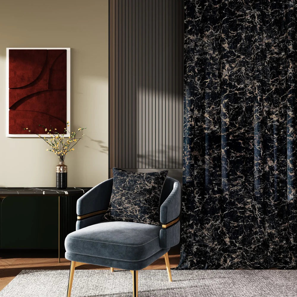 Glitzy Velvet Eyelet with Metallic Print Ring Top Window Curtains– Complete Set with 2 Curtain Panels