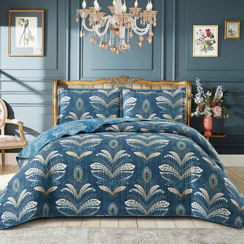 Printed Embroidered Quilted Bedspread Comforter with Pillow Case