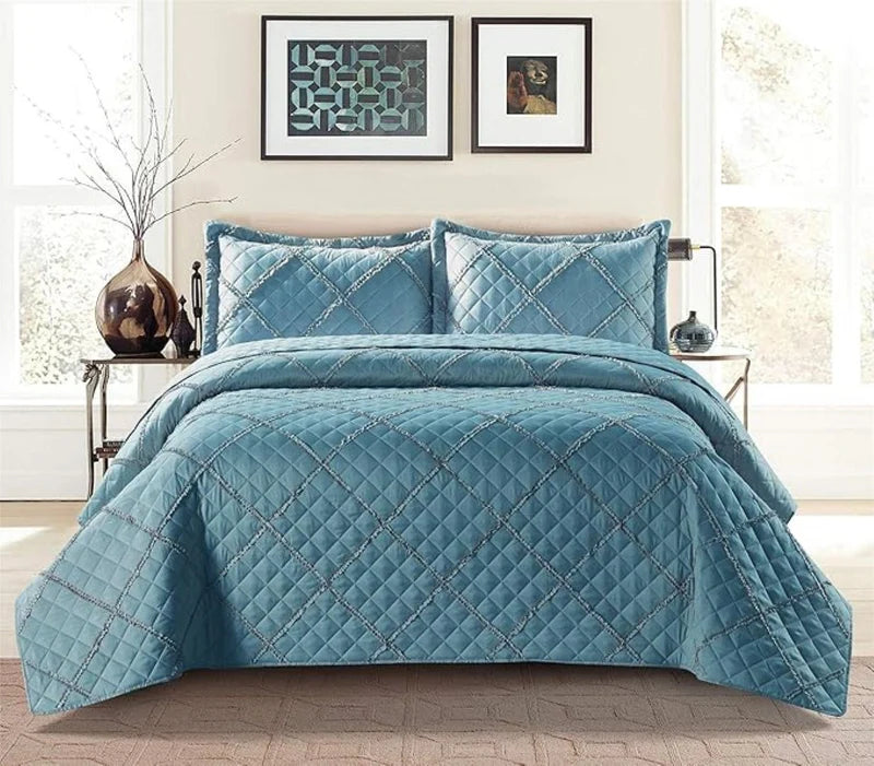 Lightweight Embossed Quilted Ruffle Bedspread Comforter with Pillow Case
