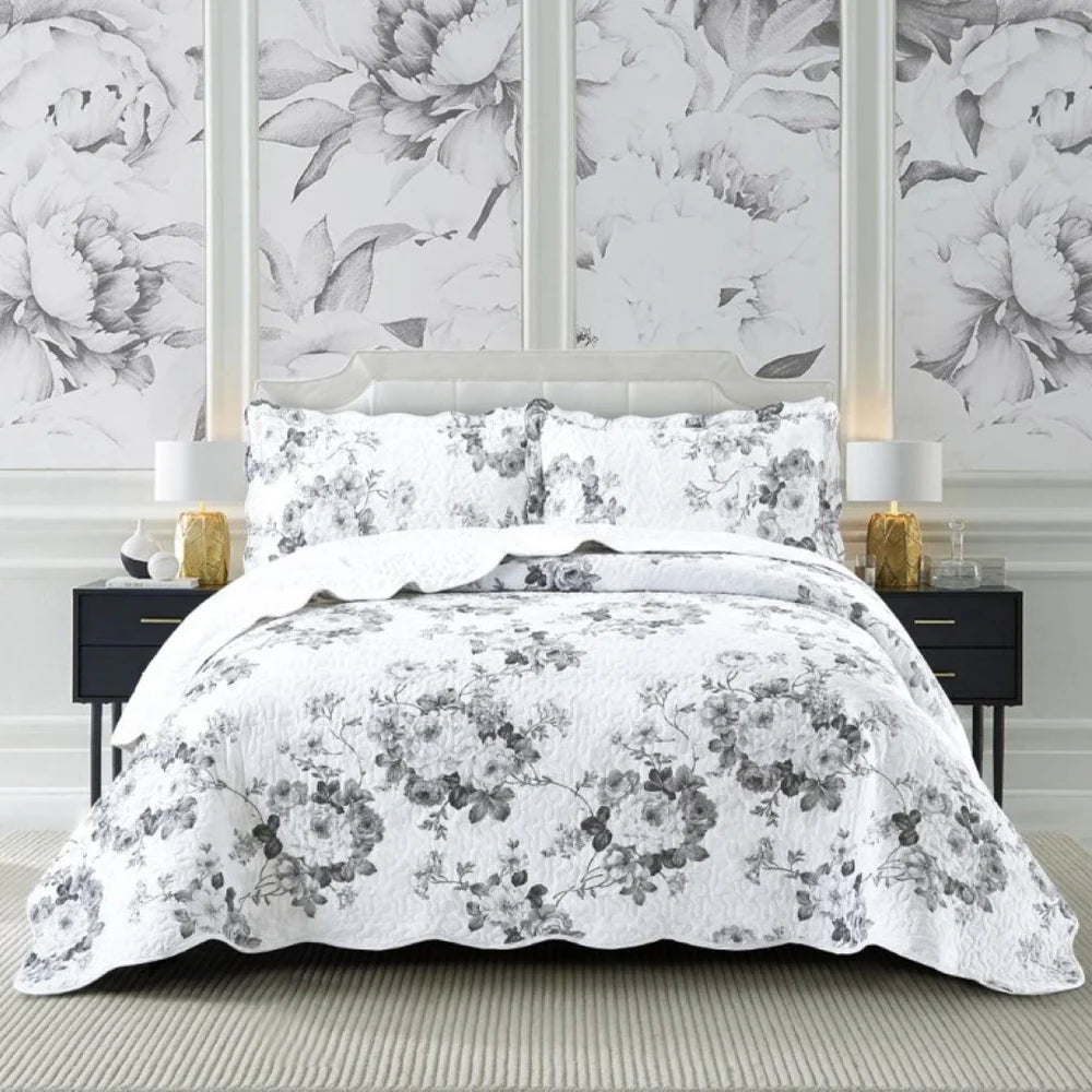 Printed Embroidered Quilted Bedspread Comforter with Pillow Case