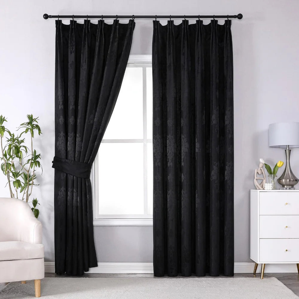 Virginia Fully Lined Jacquard Pencil Pleat Curtains for Windows – Complete Set with 2 Curtain Panels + 2 Tie Backs