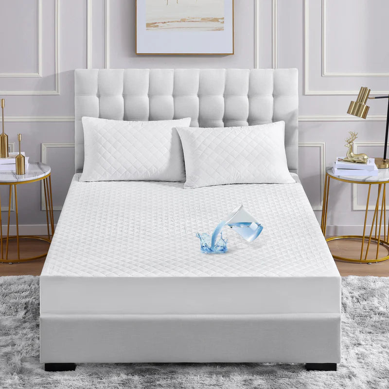 Waterproof Quilted Mattress Protector - Extra Deep 35 Cm Stretch Skirt Mattress Cover Bed Pad Fitted Mattress Topper (White)
