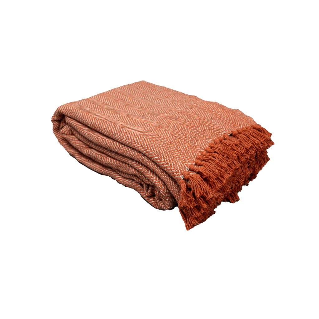 100% Cotton Throw Reversible Orange Blankets (Herringbone Pattern)