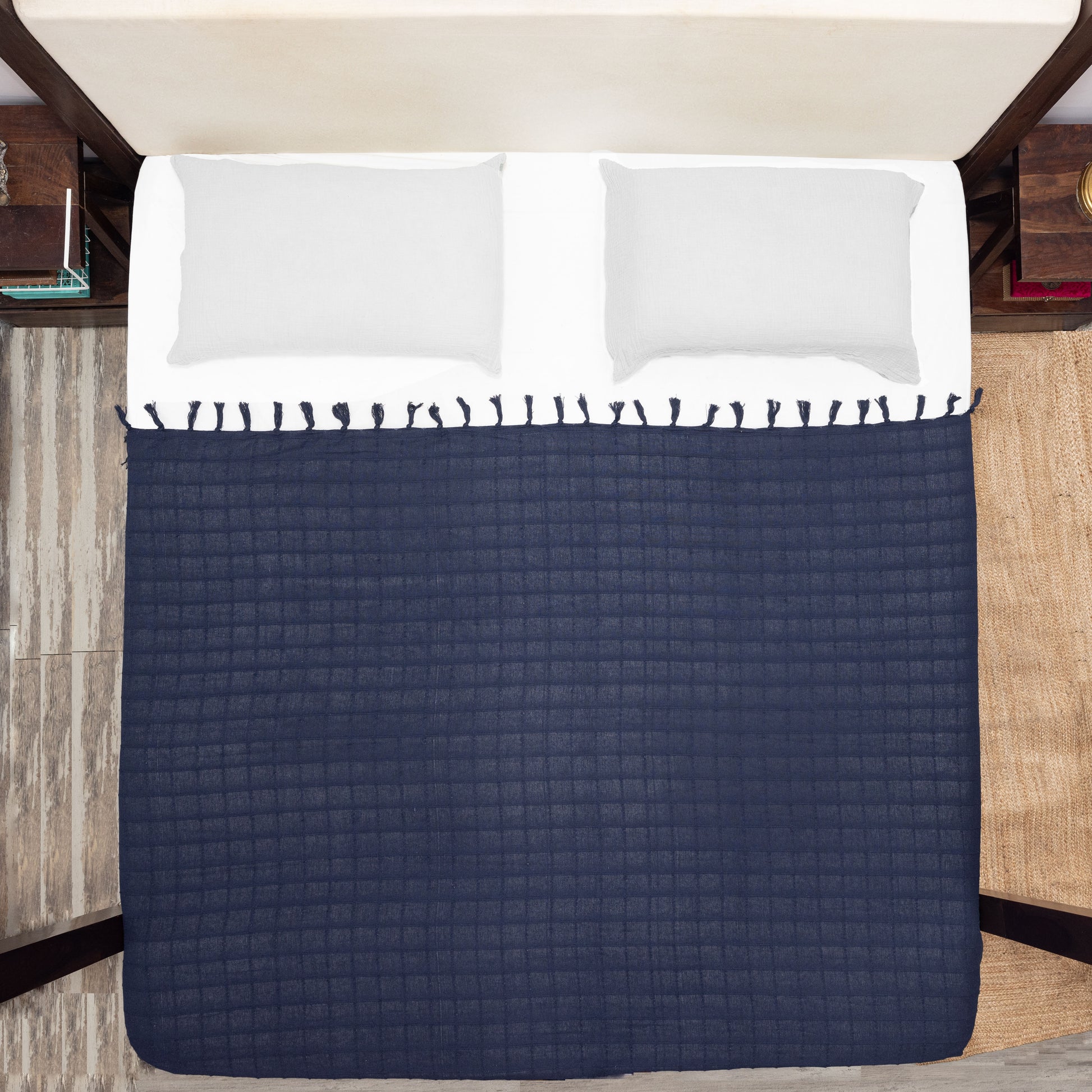 100% Cotton Throw Reversible Navy Blue Blankets (Batten Pattern)