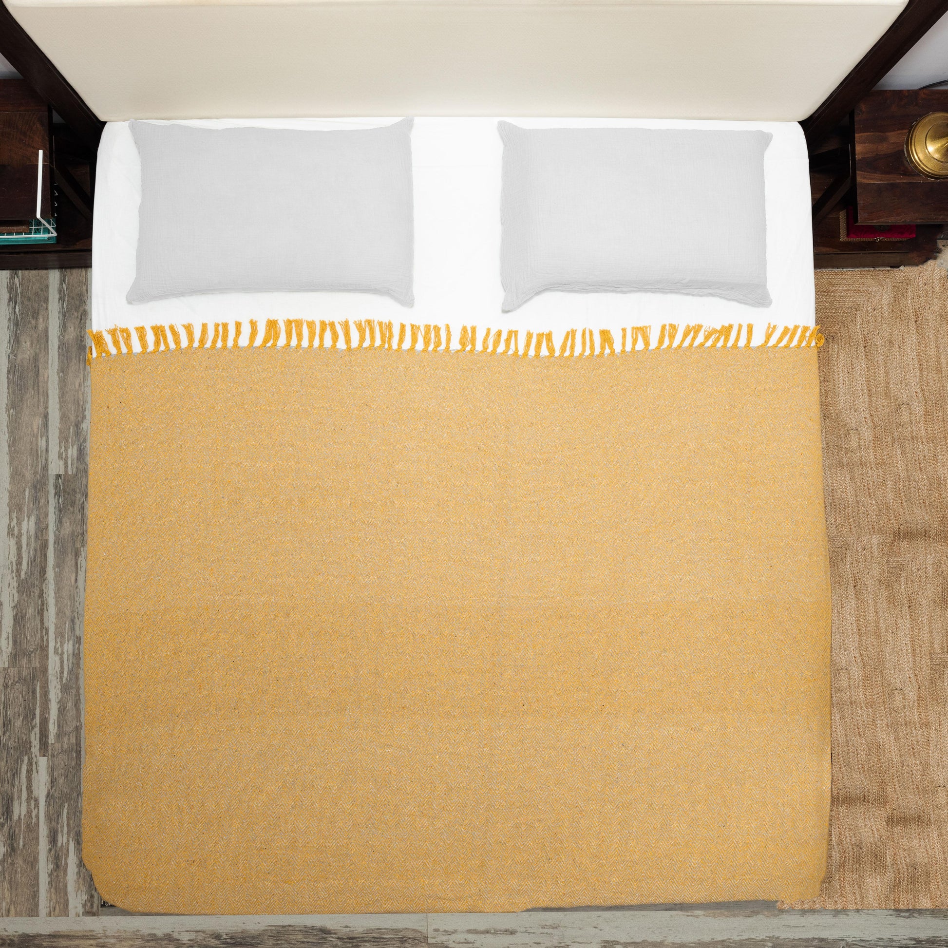 100% Cotton Throw Reversible Mustard Grey Blankets (Herringbone Pattern)