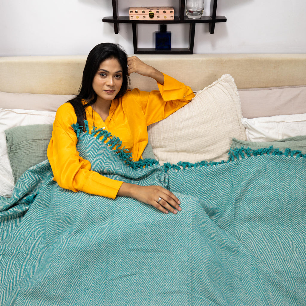 100% Cotton Throw Reversible Teal Blankets (Herringbone Pattern)