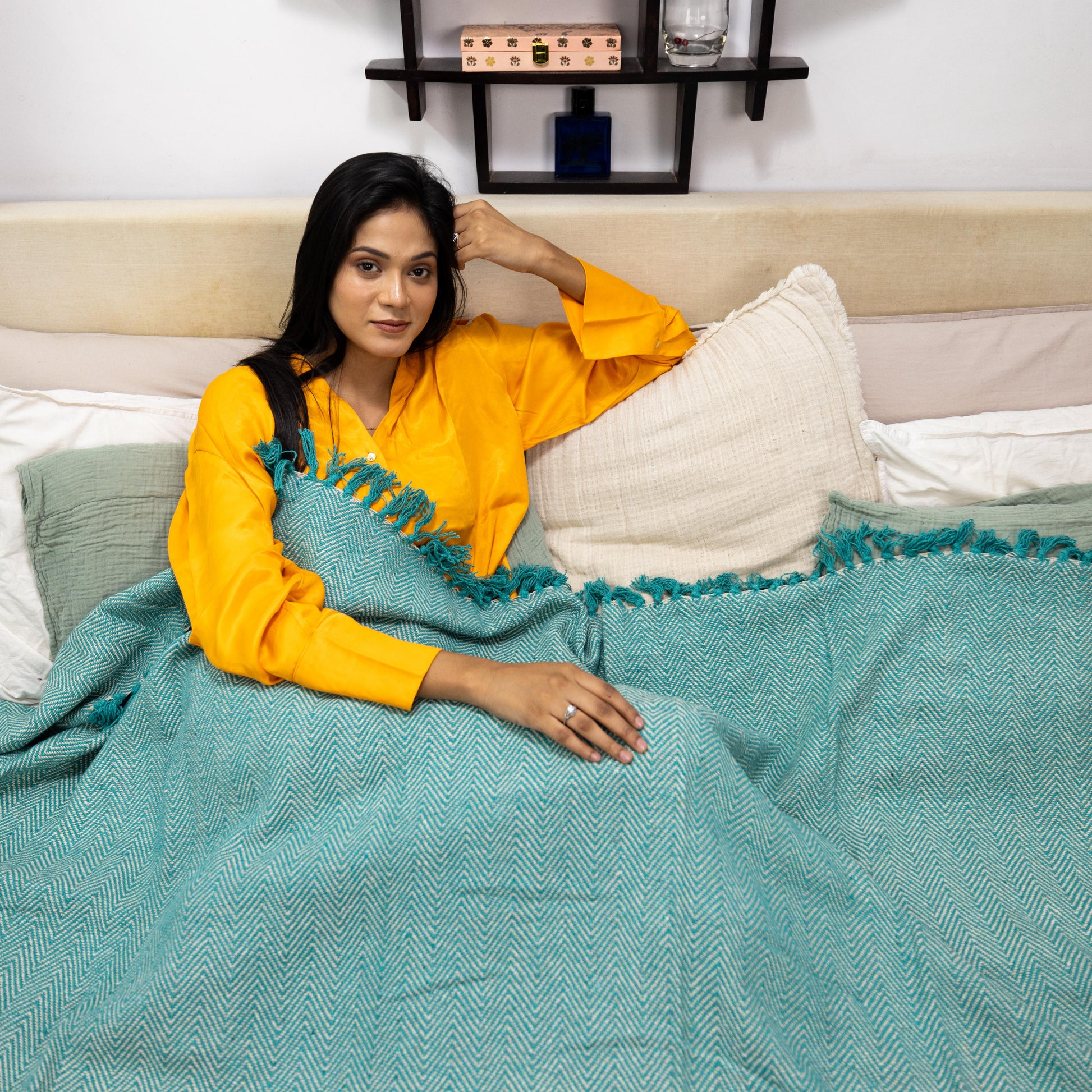100% Cotton Throw Reversible Teal Blankets (Herringbone Pattern)