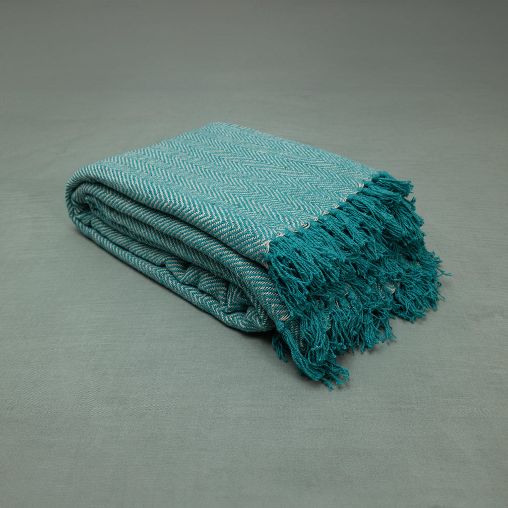 100% Cotton Throw Reversible Teal Blankets (Herringbone Pattern)